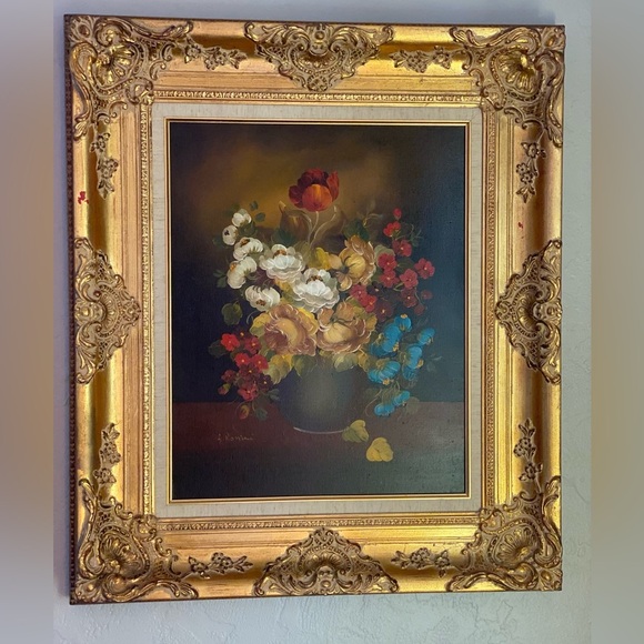 Antique Original Floral Art Oil Painting in Ornate Gold Belgian Wood Frame - Picture 1 of 17